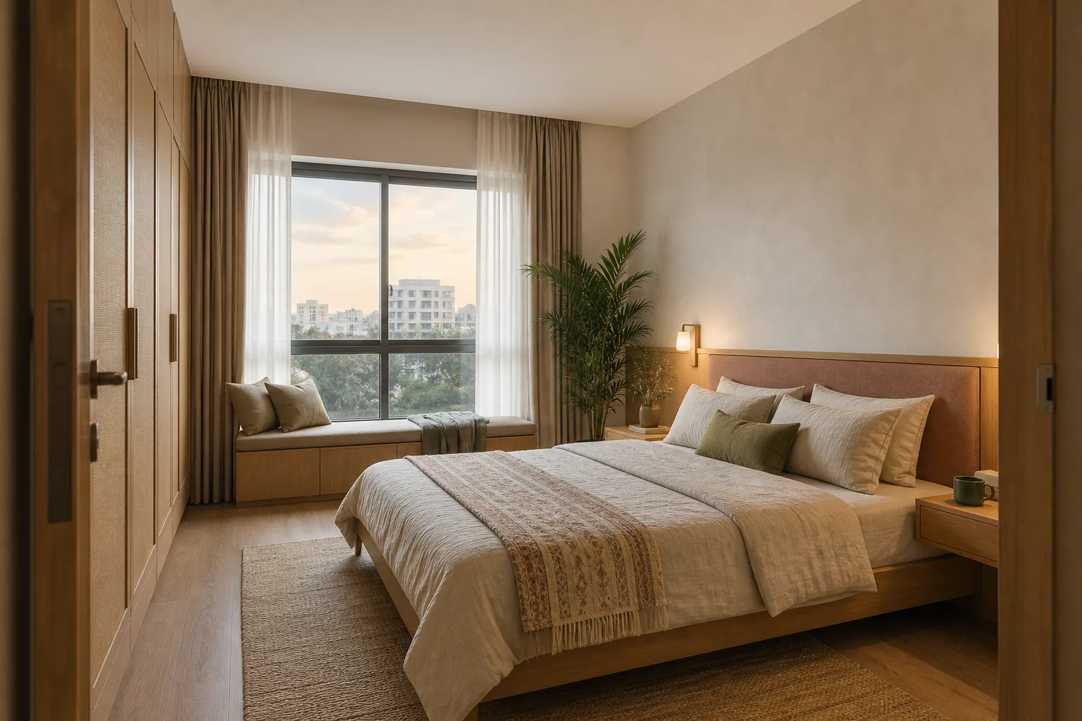 Restful neutral bedroom with full-height storage and a window seat