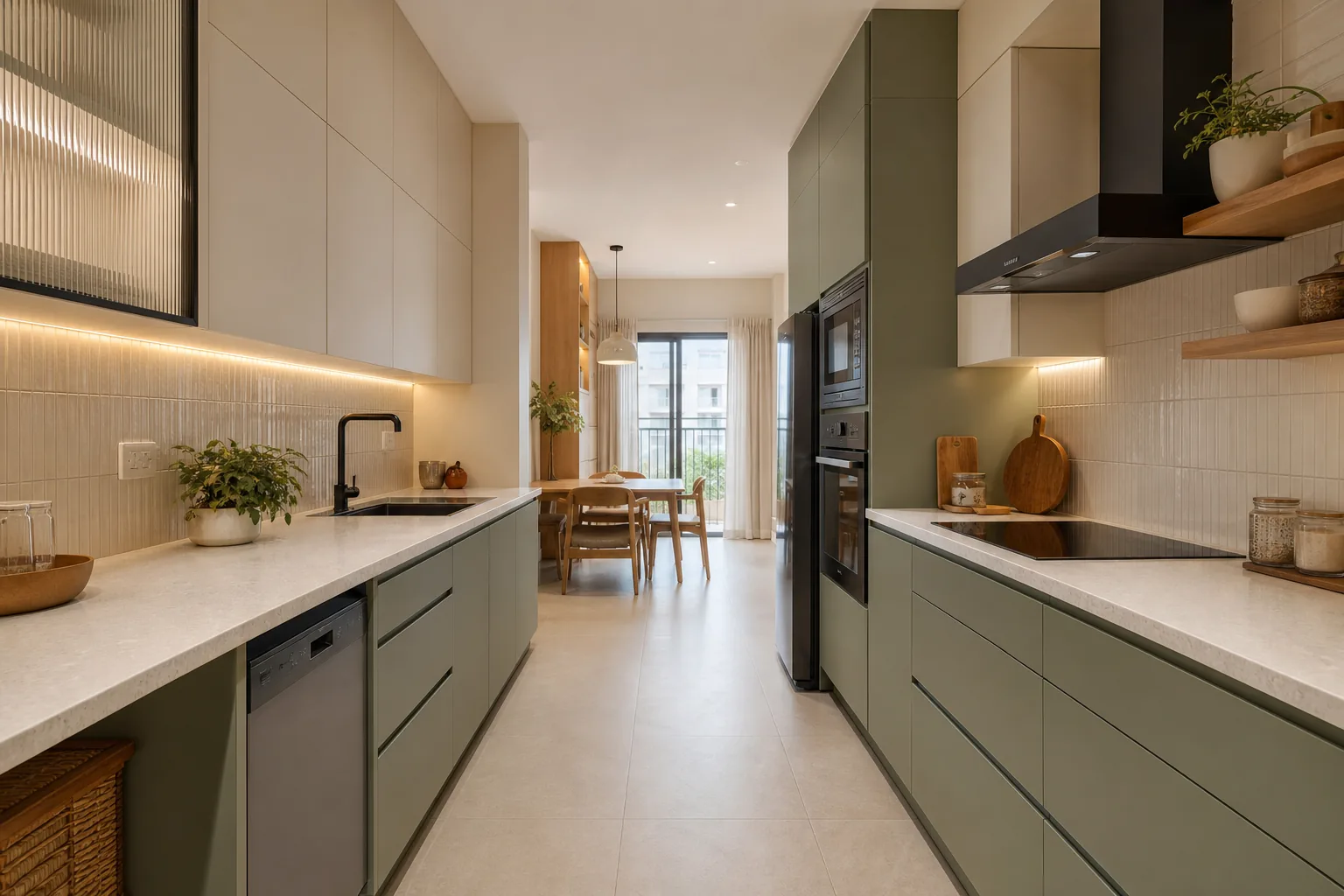 Organised sage green modular kitchen in a Bengaluru apartment